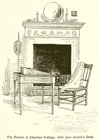 The Parlor i Chawton Cottage, med Jane Austens skrivbord av English School