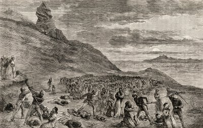 Förföljelsen och massakern av de kristna på ön Madagaskar 1849, ca 1865 (trästick) av English School