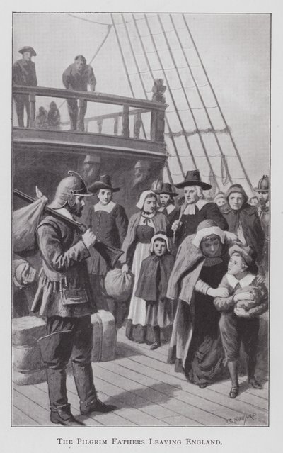 Pilgrimsfäderna lämnar England (litho) av English School