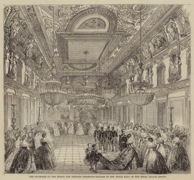 Polonaisen av prinsen och prinsessan Frederick-William i Vita salen i Kungliga slottet, Berlin (gravyr) av English School