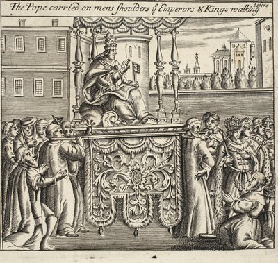 Påven bar på mans axlar, ni kejsare och kungar som går före, illustration från Acts and Monuments av John Foxe, nionde upplagan, pub. 1684 av English School