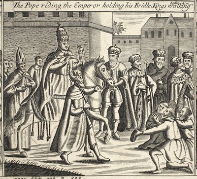 Påven rider, kejsaren håller sitt träns, kungar som går framför honom, illustration från Acts and Monuments av John Foxe, nionde upplagan, pub. 1684 av English School