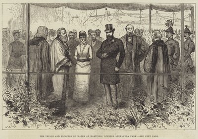Prinsen och prinsessan av Wales i Hastings, öppnar Alexandra Park (gravyr) av English School