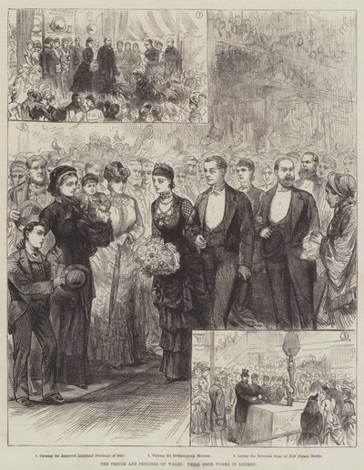 Prinsen och prinsessan av Wales, deras goda gärningar i London (gravyr) av English School