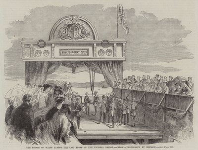 Prinsen av Wales lägger den sista stenen på Victoria Bridge (gravyr) av English School