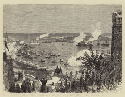 Prinsen av Wales på Malta, ankomsten av "Serapis" i hamnen (gravyr) av English School
