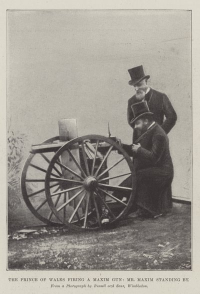 Prinsen av Wales avfyrar en Maxim Gun, Mr Maxim står vid sidan (gravyr) av English School