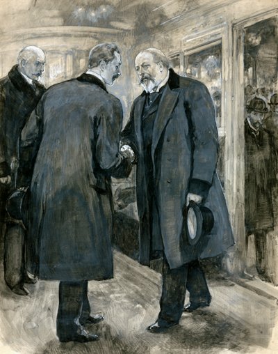Prinsen av Wales hälsar den tyska kejsaren, Charing Cross Station, 20 januari 1901 (wc på papper) av English School