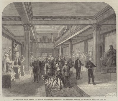 Prinsen av Wales öppnar Dublins internationella utställning, processionen genom skulpturhallen (gravyr) av English School