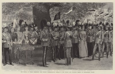Prinsen av Wales överlämnar jubileumsmedaljerna till de indiska och koloniala trupperna vid Buckingham Palace (litho) av English School