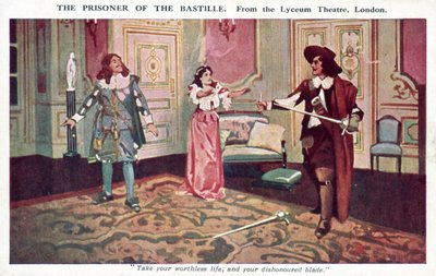 The Prisoner of the Bastille, från Lyceum Theatre, London (färg litho) av English School