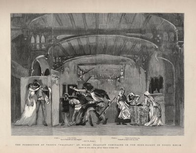 Produktionen av Giuseppe Verdis "" Falstaff"" i Milano, Falstaff gömd i Buck-Basket i Fords hus. Illustration för The Graphic av English School