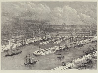 Den föreslagna Manchester Ship Canal, avsedda hamnar vid Manchester (gravyr) av English School