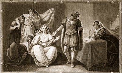 Äkedrottningen sätter sig själv och sina döttrar under skydd av Richard III, illustration från David Humes The History of England, pub. av R. Bowyer, London, 1812 av English School