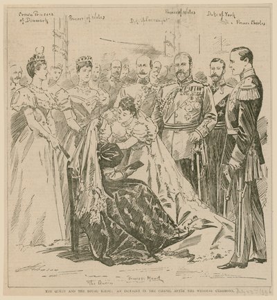 Drottningen och den kungliga bruden, en incident i kapellet efter bröllopsceremonin, 23 juli 1896 av English School