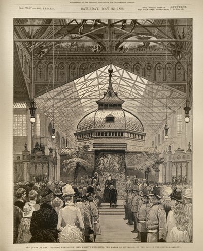 The Queen at the Liverpool Exhibition: Her Majesty Knighting the Mayor of Liverpool on the Dais in the Central Gallery, från The Illustrated London News, 22 maj 1886 av English School