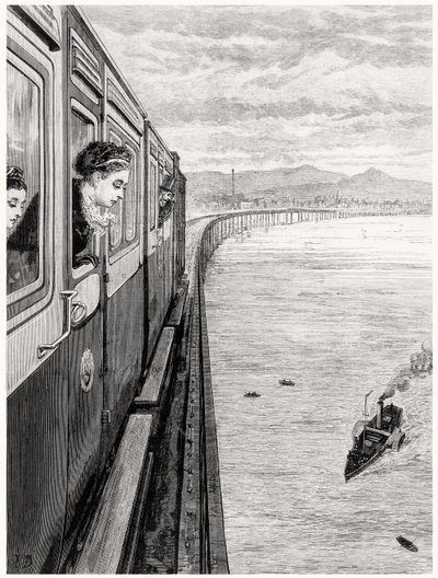 Drottningens återkomst från högländerna; Hennes Majestät korsar Tay Bridge, Dundee av English School