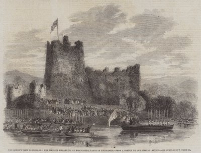 Drottningens besök i Irland, Hennes Majestät går ombord på Ross Castle, Lakes of Killarney (gravyr) av English School