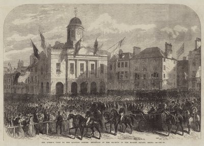 Drottningens besök vid den skotska gränsen, Hennes Majestäts mottagning på marknadstorget, Kelso (gravyr) av English School
