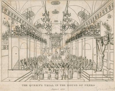 Queens-rättegången i House of Peers, augusti 1820 av English School