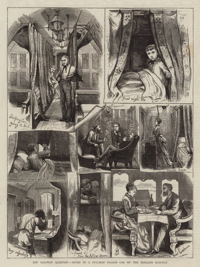 Järnvägsfrågan, anteckningar i en Pullman Palace Car på Midland Railway (gravyr) av English School