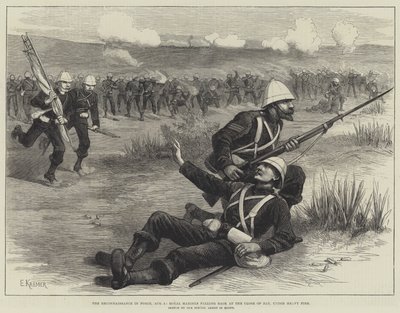 The Reconnaissance in Force, 5 augusti, Royal Marines faller tillbaka vid dagens slut, under kraftig eld (gravyr) av English School