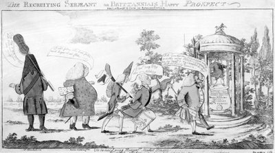 The Recruiting Sergeant or Britannia Happy Prospect, tryck gjord av George Townshend, 1757 av English School
