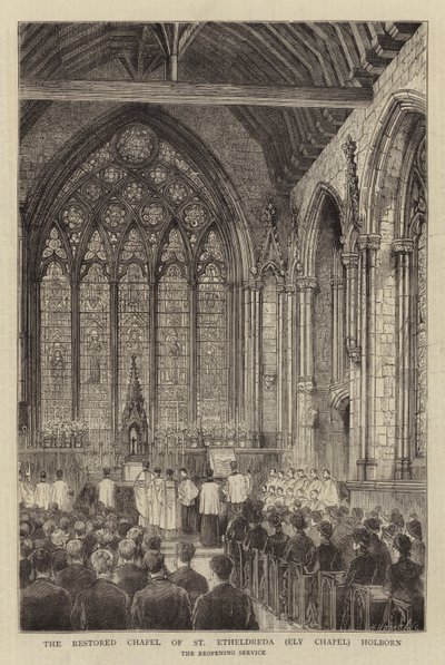 Det restaurerade kapellet för St Etheldreda (Ely Chapel) Holborn (gravyr) av English School