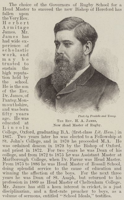 Reverend H A James, ny huvudmästare i Rugby (gravyr) av English School