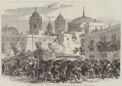 Revolutionen i Spanien, slåss vid barrikaden i Quarter de Los Vinas, Cadiz (gravyr) av English School