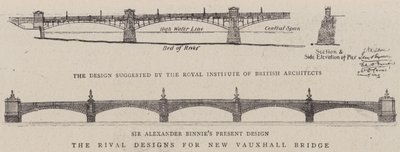 De rivaliserande designerna för New Vauxhall Bridge (gravyr) av English School