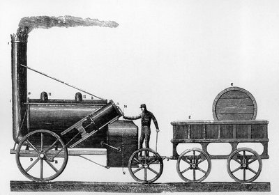 The Rocket, ånglok designad och byggd av George och Robert Stephenson 1829 för Liverpool-Manchester järnvägen (gravyr) av English School