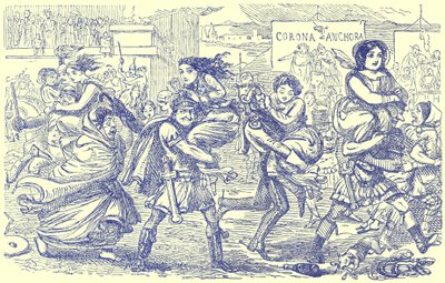 The Romans Walking off with the Sabine Women, illustration från The Comic History of Rome av Gilbert Abbott a Beckett, publicerad ca 1850 (digitalt förbättrad bild) av English School