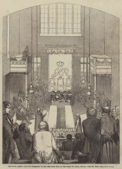 Det kungliga godkännandet av kommissionen till New Corn Bill, i House of Lords, fredagen den 26 juni 1846 (gravyr) av English School