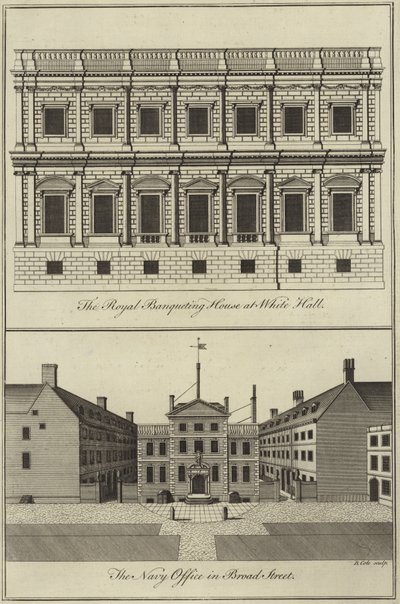 Royal Banqueting House i Whitehall och Navy Office i Broad Street, London av English School