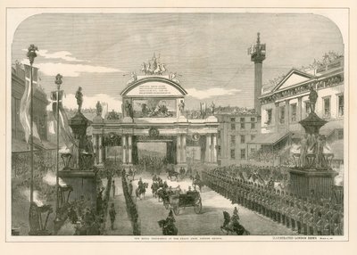 Den kungliga processionen vid Grand Arch, London Bridge av English School