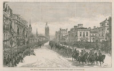 Den kungliga processionen återvänder från Westminster Abbey uppför Whitehall av English School