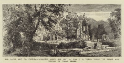 Det kungliga besöket i Swansea, Singleton Abbey, säte för Mrs J H Vivian, där prinsen och prinsessan av Wales bodde (gravyr) av English School