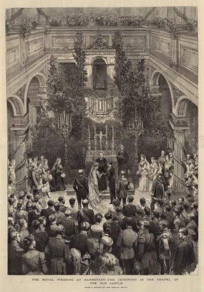 Det kungliga bröllopet i Darmstadt, ceremonin i kapellet i det gamla slottet (gravyr) av English School