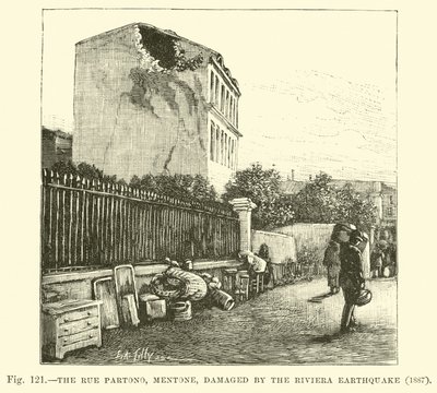 Rue Partono, Mentone, skadad av jordbävningen på Rivieran, 1887 av English School