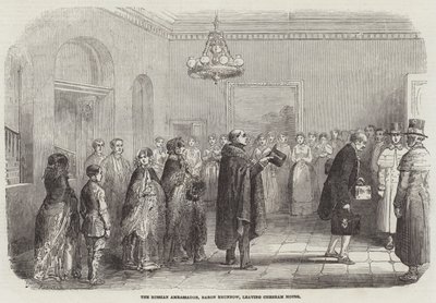 Den ryske ambassadören, baron Brunnow, lämnar Chesham House (gravyr) av English School