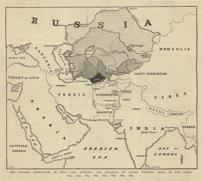 Den ryska annekteringen av Merv, karta som visar Rysslands framsteg mot Indien under åren 1734, 1836, 1863, 1867, 1874, 1876, 1881, 1884 av English School