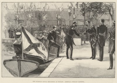 Den ryska flotta skvadronen i Toulon, amiral Avellan landning (gravyr) av English School