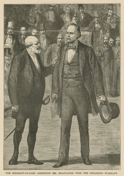 Sergeant-at-arms arresterar Mr Bradlaugh efter talmannens order av English School