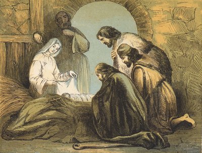 Herdarna som hittar Jesus (färgad gravyr) av English School