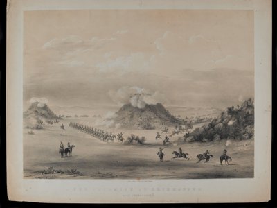 Skirmish vid Driekoppen, nära Zwaartkopjes, 1845, graverad av Paul Gauci (1834-66), publicerad ca 1845 av English School