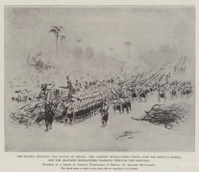 Soudan Advance, slaget vid Atbara, Cameron Highlanders som skjuter över fiendens Zareba och Seaforth Highlanders som anfaller genom öppningarna (litho) av English School