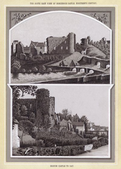 Den sydöstra utsikten över Brecknock Castle, artonde århundradet; Brecon Castle i dag (litho) av English School