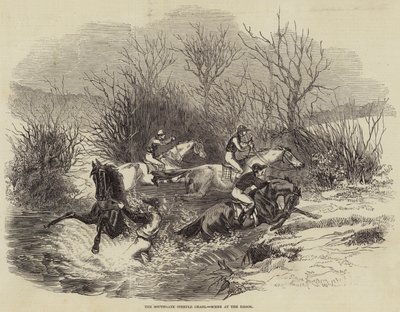 The Southgate Steeple Chase, scen vid bäcken (gravyr) av English School