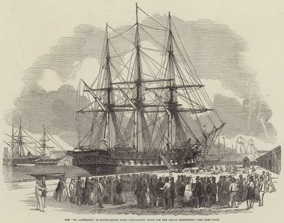 "St Lawrence," i Southampton Dock, lossar varor för den stora utställningen (gravyr) av English School